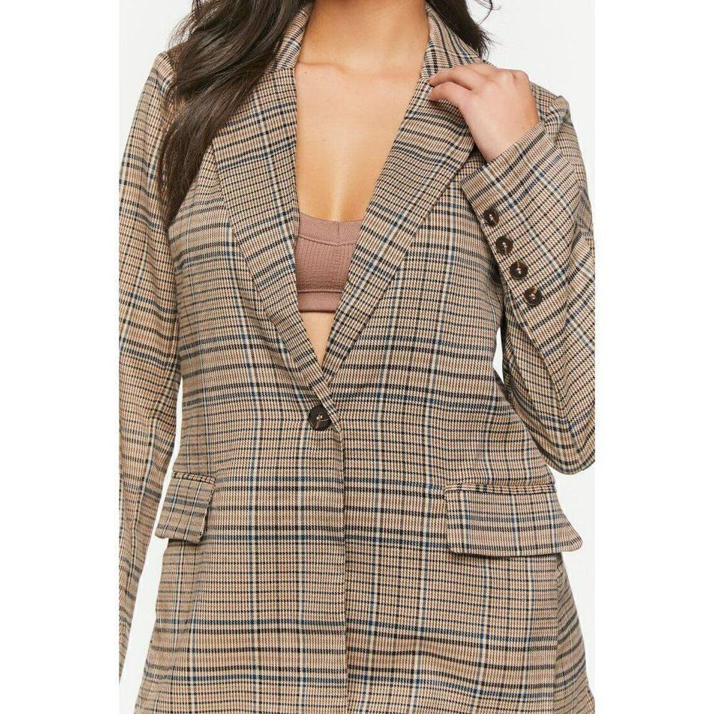 Forever 21 Padded Plaid Blazer Brown Women's Sz Small